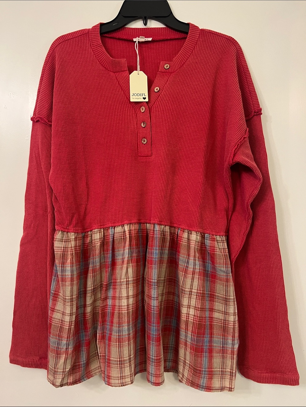 Jodifl Red Waffle Knit Henley with Plaid Peplum - Size Large